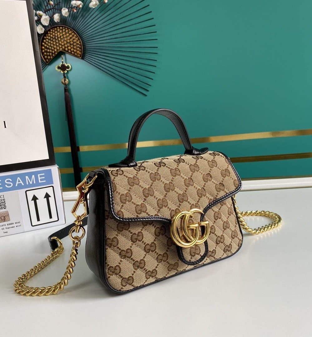 1:1 Replica Gucci Ladies GG Canvas Marmont Mini Top Handle Bag Beige/Ebony Diagonal Matelassé Original GG Canvas 8.3in/21cm GG 583571 HVKEG 9772