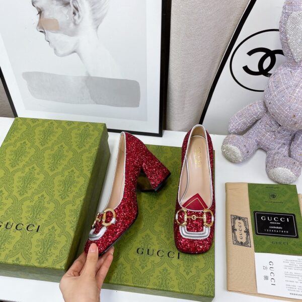 Gucci Lovelight Mid-Heel Crystal Ballet Flat With Horsebit Red For Women GG