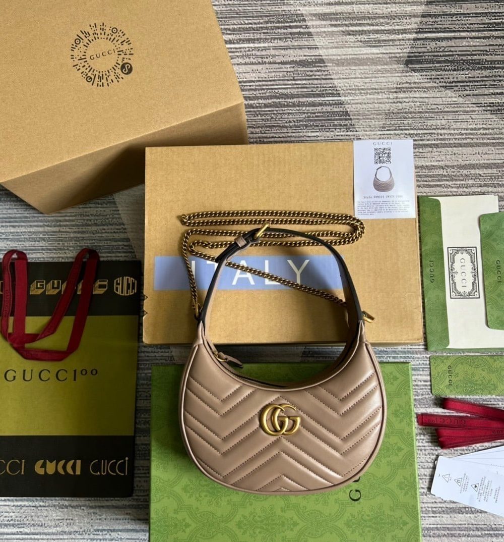 1:1 Replica Gucci Marmont Half Moon Shaped Mini Bag Beige For Women, Women's Bags 8.5in/22cm GG