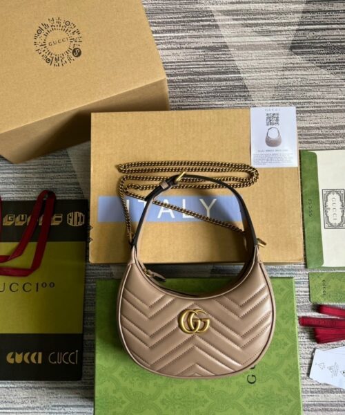 1:1 Replica Gucci Marmont Half Moon Shaped Mini Bag Beige For Women, Women's Bags 8.5in/22cm GG