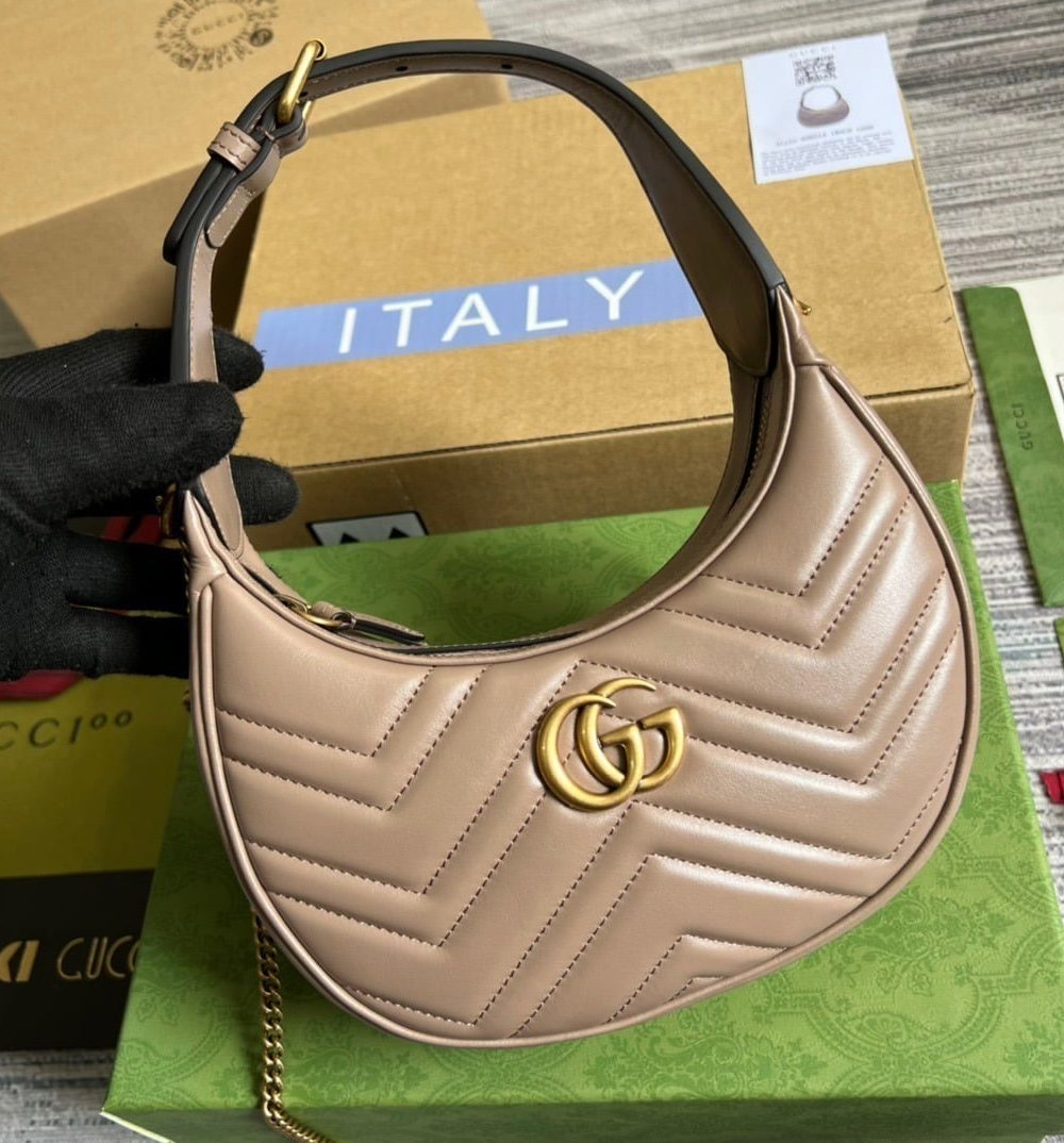 1:1 Replica Gucci Marmont Half Moon Shaped Mini Bag Beige For Women, Women's Bags 8.5in/22cm GG