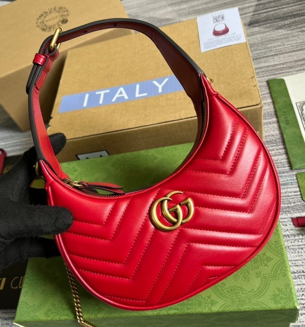 1:1 Replica Gucci Marmont Half Moon Shaped Mini Bag Red For Women, Women's Bags 8.5in/22cm GG