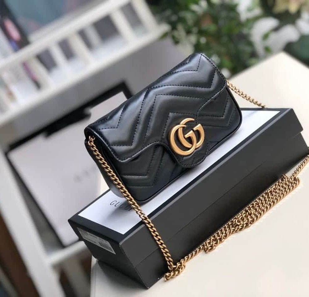 1:1 Replica Gucci Marmont Matelassé Super Mini Bag Dusty Black Chevron For Women 6.2in/16.5cm 476433 DTDCT 1000