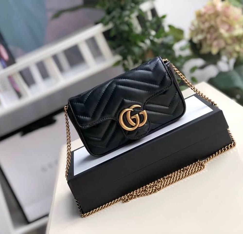 1:1 Replica Gucci Marmont Matelassé Super Mini Bag Dusty Black Chevron For Women 6.2in/16.5cm 476433 DTDCT 1000