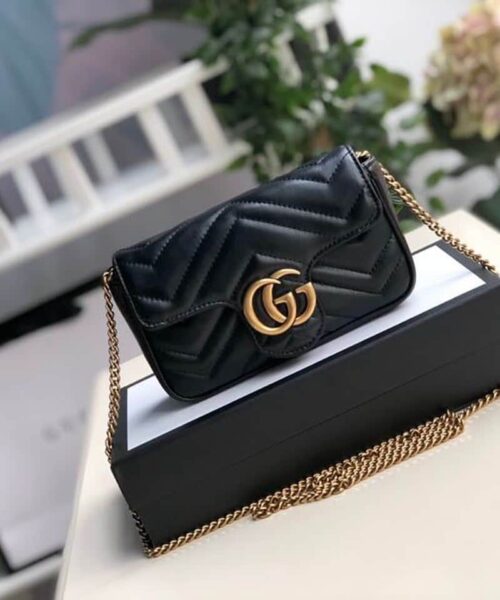 1:1 Replica Gucci Marmont Matelassé Super Mini Bag Dusty Black Chevron For Women 6.2in/16.5cm 476433 DTDCT 1000