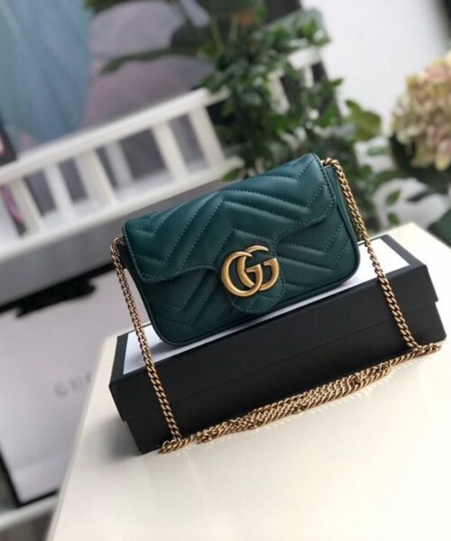1:1 Replica Gucci Marmont Matelassé Super Mini Bag Green Matelassé Chevron For Women 6.2in/16.5cm GG