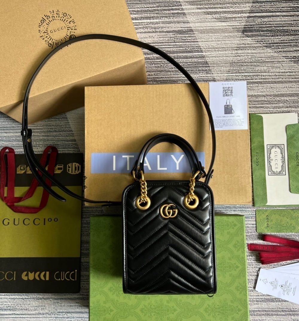 1:1 Replica Gucci Marmont Matelasse Mini Bag Black For Women, Women's Bags 7.5in/19cm GG 696123 DTDHT 1000