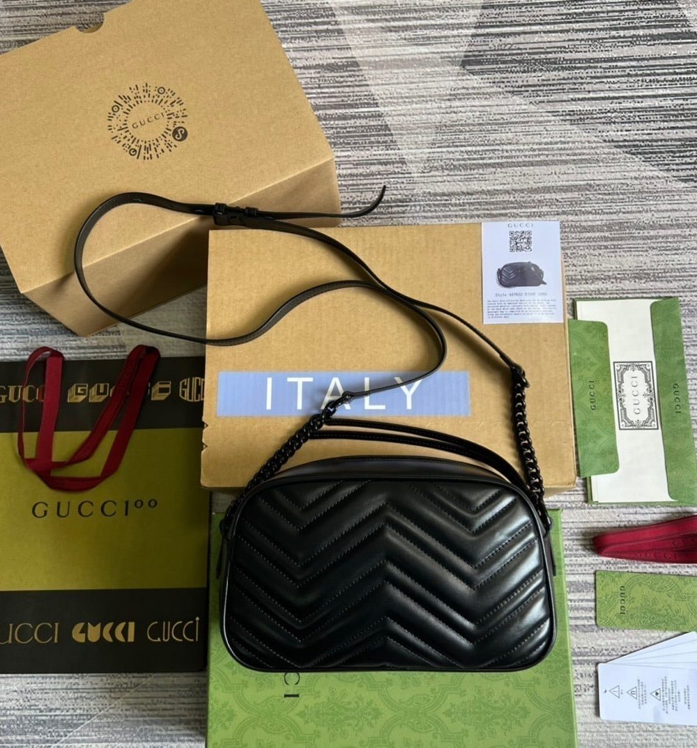 1:1 Replica Gucci Marmont Matelasse Shoulder Bag Black For Women, Women's Bags 9.5in/24cm GG