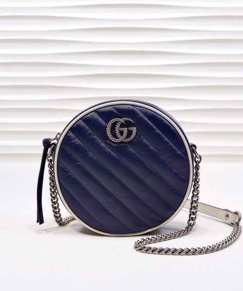 1:1 Replica Gucci Marmont Mini Round Shoulder Bag Blue For Women 7in/18cm GG