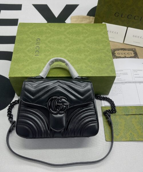 1:1 Replica Gucci Marmont Mini Top Handle Bag Black For Women, Women's Bags 8.3in/21cm GG ‎