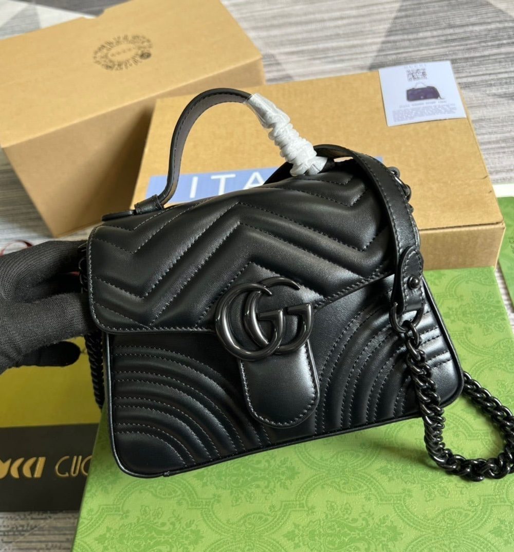 1:1 Replica Gucci Marmont Mini Top Handle Bag Black For Women, Women's Bags 8.3in/21cm GG ‎