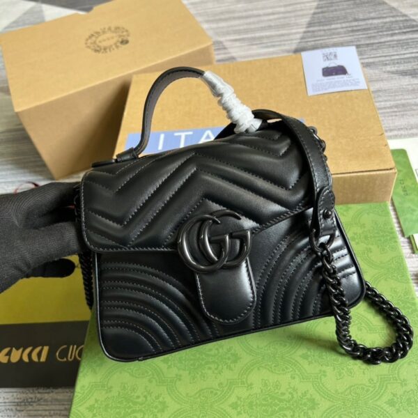 1:1 Replica Gucci Marmont Mini Top Handle Bag Black For Women, Women's Bags 8.3in/21cm GG ‎