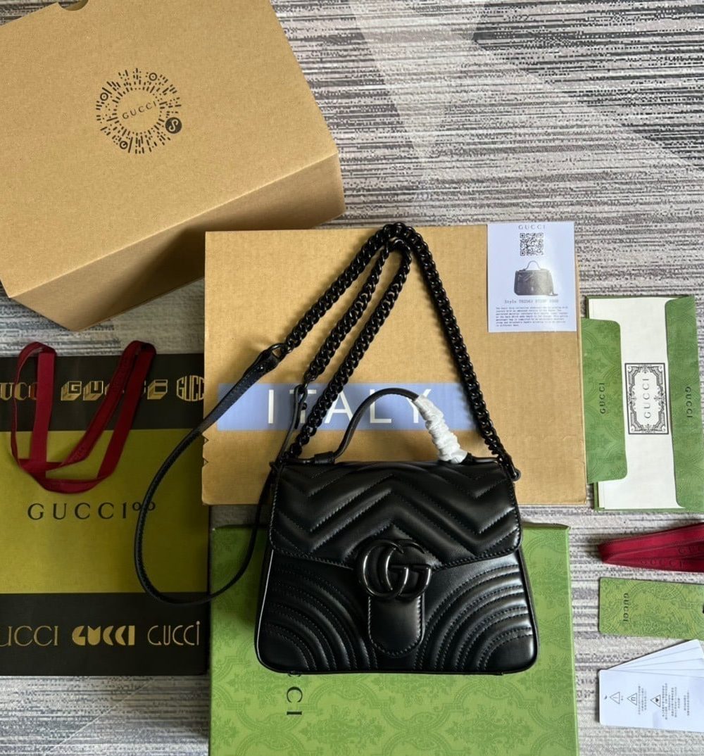 1:1 Replica Gucci Marmont Mini Top Handle Bag Black For Women, Women's Bags 8.3in/21cm GG ‎