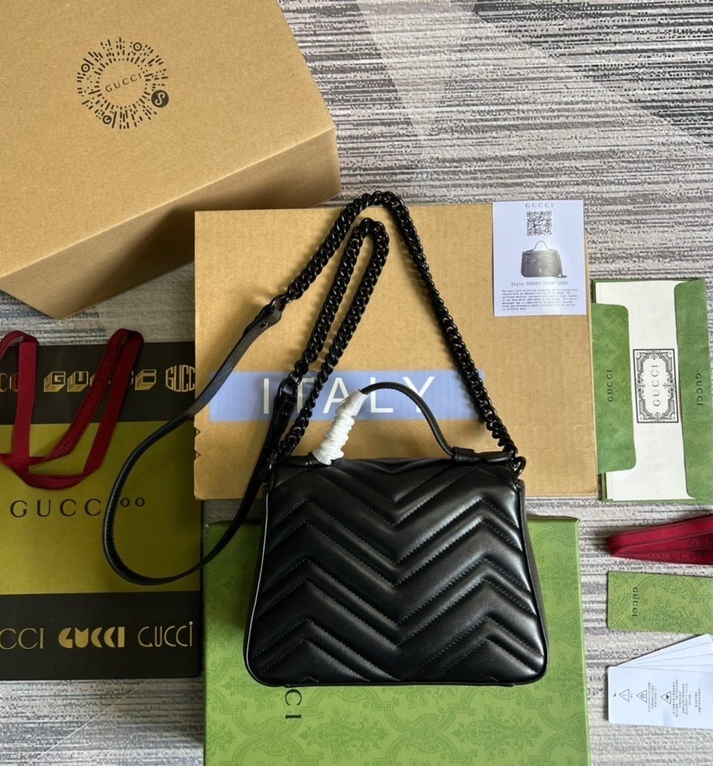 1:1 Replica Gucci Marmont Mini Top Handle Bag Black For Women, Women's Bags 8.3in/21cm GG ‎