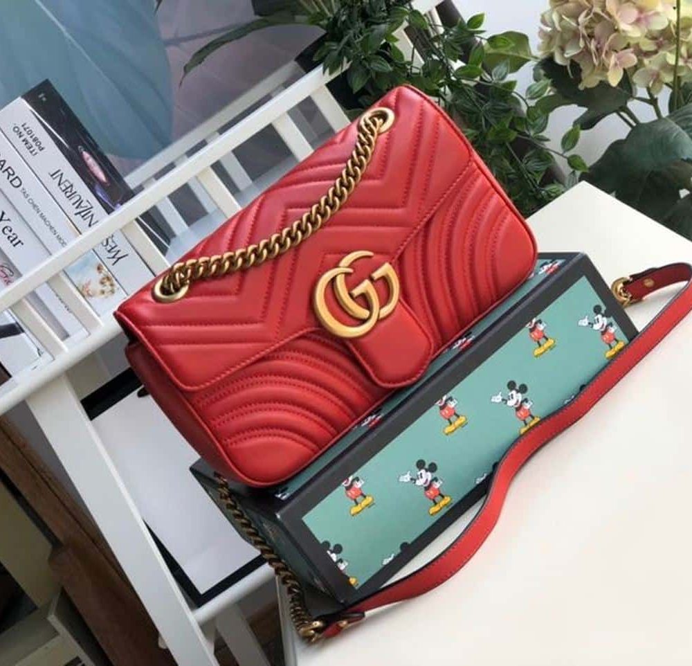 1:1 Replica Gucci Marmont Small Matelassé Shoulder Bag Hibiscus Red Matelassé Chevron For Women 10in/26cm GG 443497 DTDIT 6433