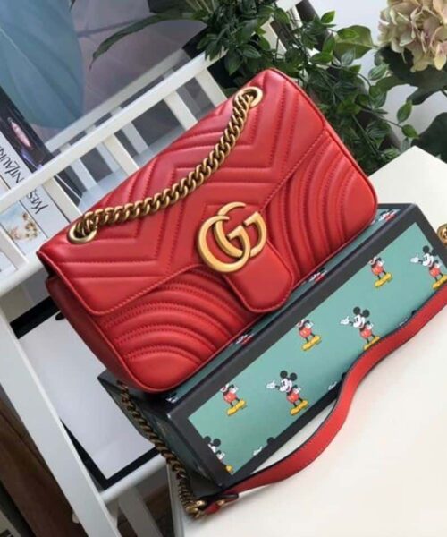 1:1 Replica Gucci Marmont Small Matelassé Shoulder Bag Hibiscus Red Matelassé Chevron For Women 10in/26cm  GG 443497 DTDIT 6433