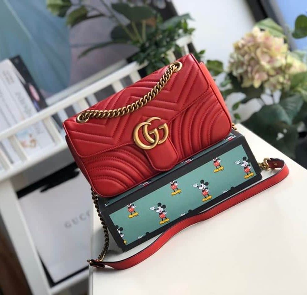 1:1 Replica Gucci Marmont Small Matelassé Shoulder Bag Hibiscus Red Matelassé Chevron For Women 10in/26cm  GG 443497 DTDIT 6433
