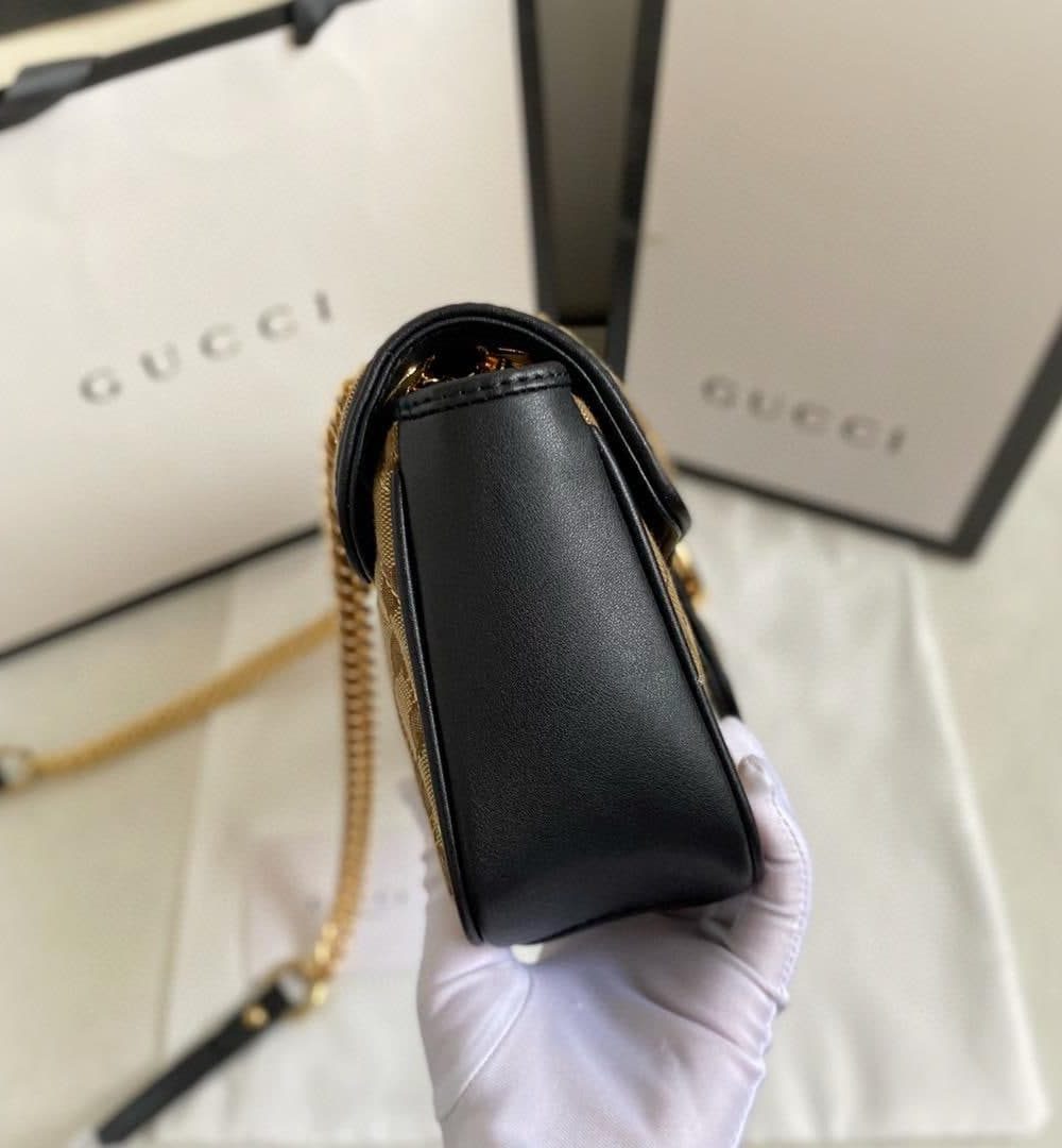 1:1 Replica Gucci Marmont Small Shoulder Bag Beige/Ebony Diagonal Matelassé Original GG Canvas For Women 10in/26cm 443497 HVKEG 9772