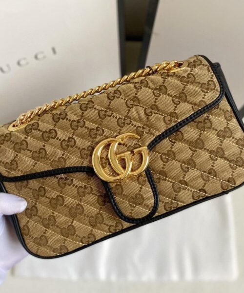 1:1 Replica Gucci Marmont Small Shoulder Bag Beige/Ebony Diagonal Matelassé Original GG Canvas For Women 10in/26cm 443497 HVKEG 9772