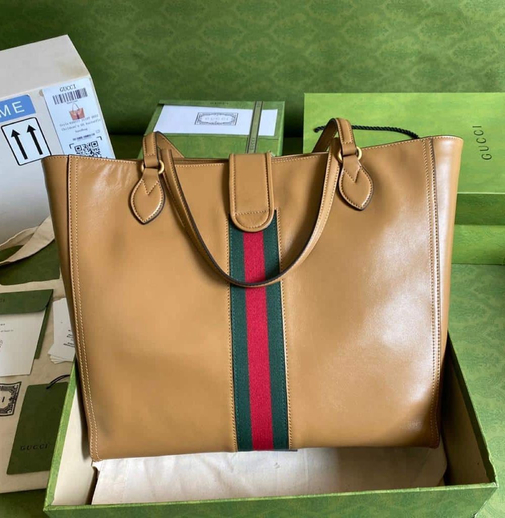 1:1 Replica Gucci Medium Tote Bag With Double G And Web Brown For Women 13.8in/35cm GG
