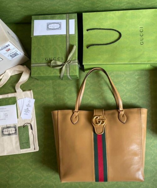 1:1 Replica Gucci Medium Tote Bag With Double G And Web Brown For Women 13.8in/35cm GG