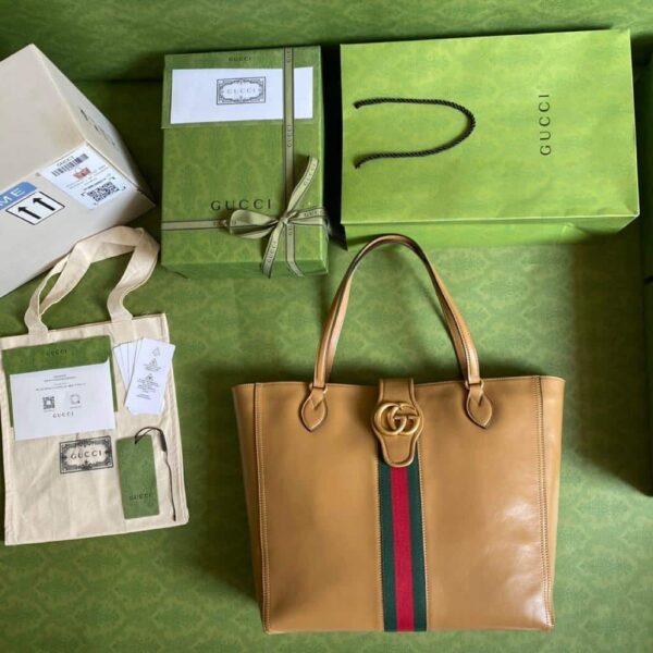 1:1 Replica Gucci Medium Tote Bag With Double G And Web Brown For Women 13.8in/35cm GG