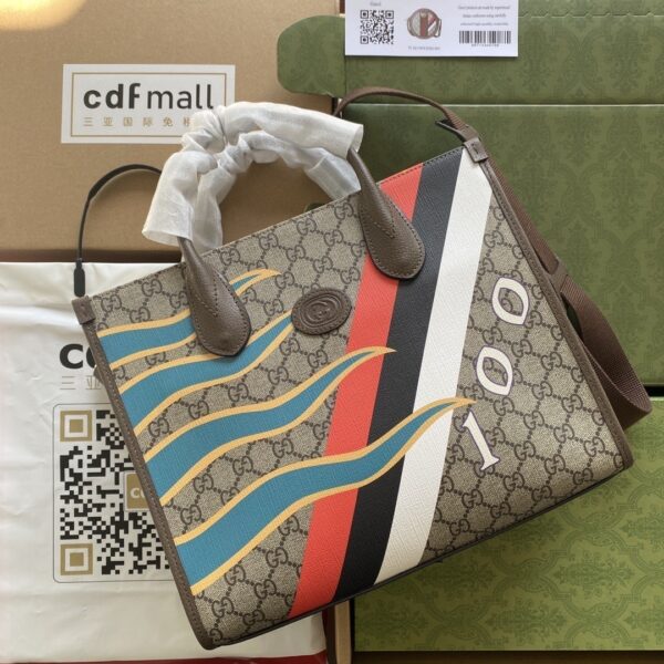 1:1 Replica Gucci Medium Tote With Geometric Print Beige And Ebony GG Supreme Canvas With Geometric And Web Print For Women 14.8in/37.5cm GG 674148 UQHHG 8678