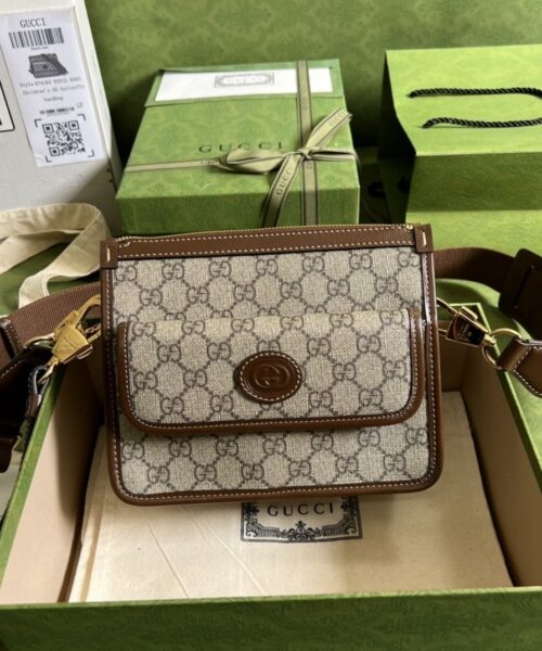 1:1 Replica Gucci Messenger Bag With Interlocking G Beige And Ebony GG Supreme Canvas And Brown For Men 8in/21cm GG 674164 92THG