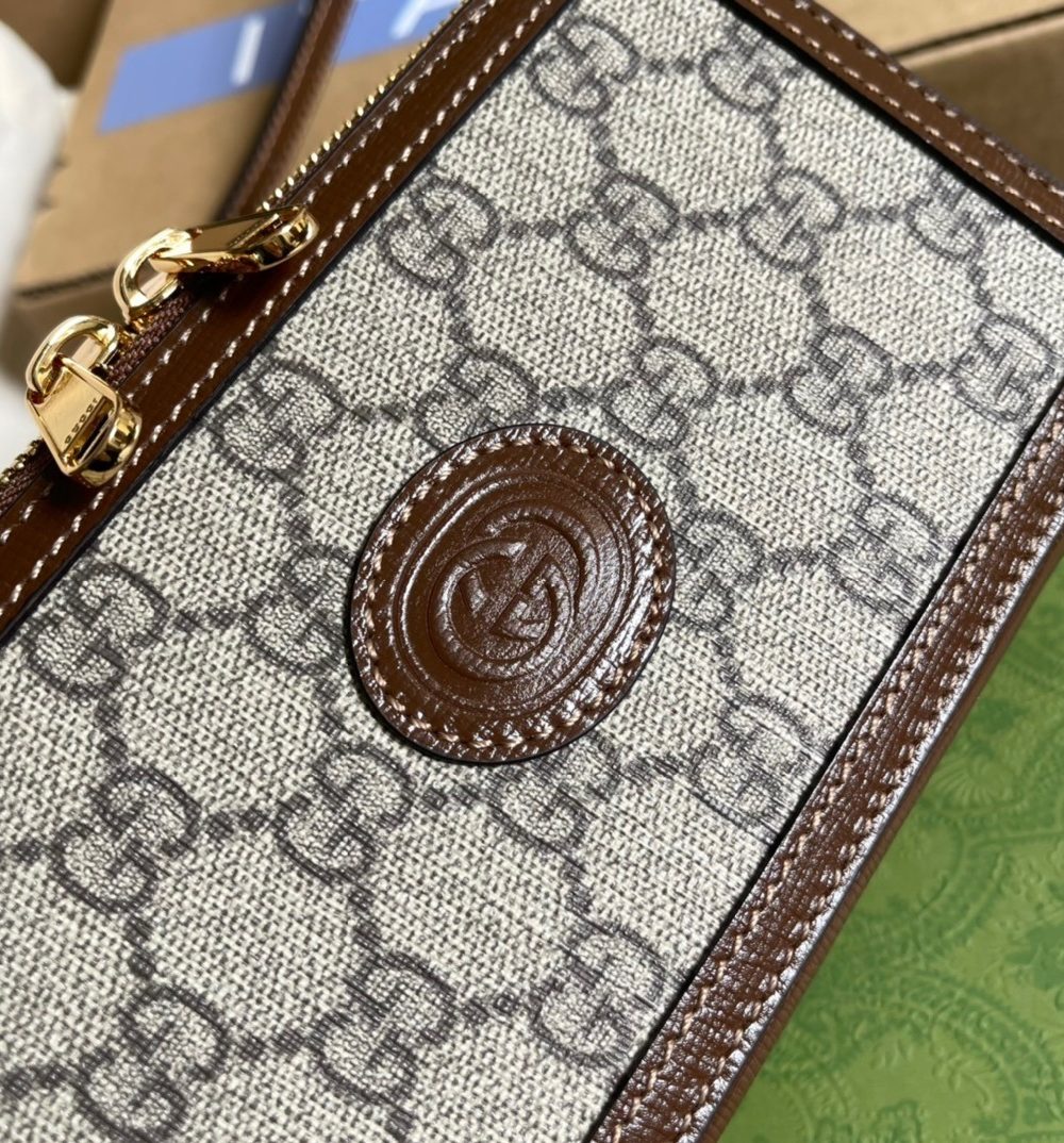 1:1 Replica Gucci Mini Bag With Interlocking G Beige And Ebony GG Supreme Canvas And Brown For Women 9in/23cm GG