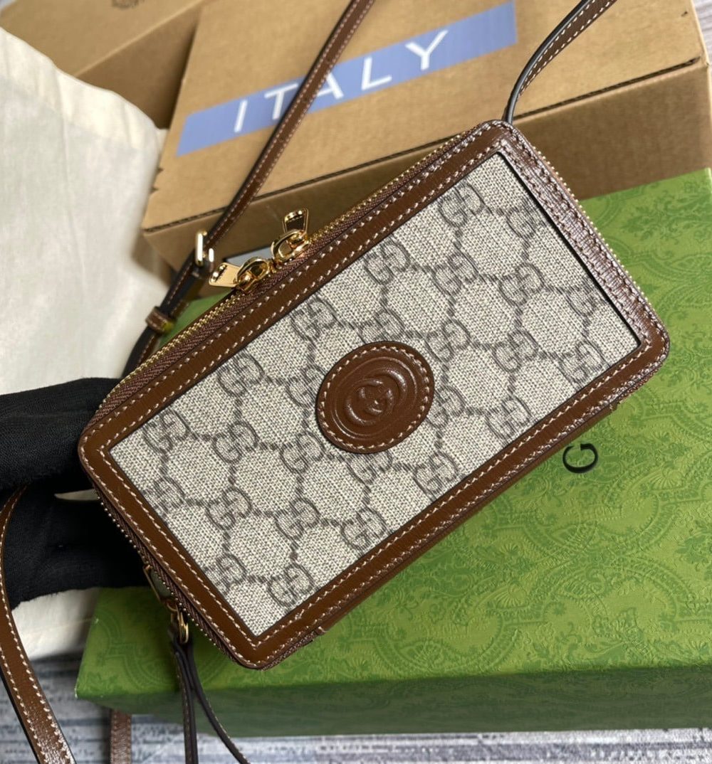 1:1 Replica Gucci Mini Bag With Interlocking G Beige And Ebony GG Supreme Canvas And Brown For Women 9in/23cm GG