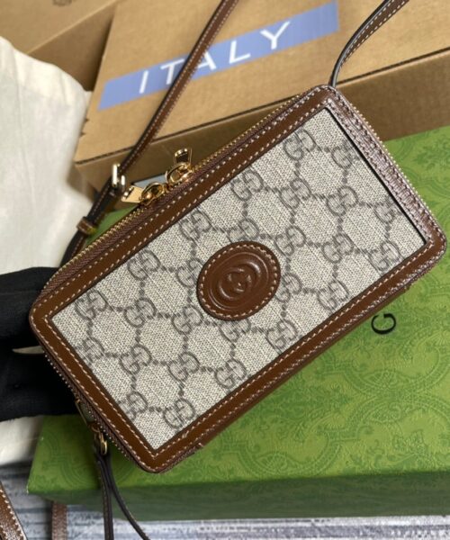 1:1 Replica Gucci Mini Bag With Interlocking G Beige And Ebony GG Supreme Canvas And Brown For Women 9in/23cm GG