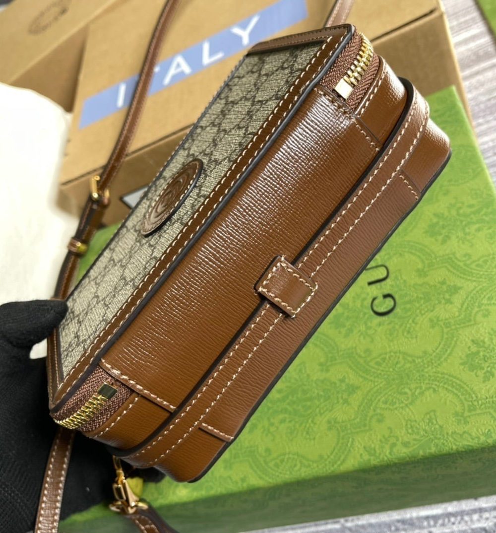 1:1 Replica Gucci Mini Bag With Interlocking G Beige And Ebony GG Supreme Canvas And Brown For Women 9in/23cm GG
