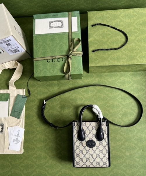 1:1 Replica Gucci Mini Tote Bag With Interlocking G Beige And Blue GG Supreme Canvas For Women 7.8in/20cm 671623 K9GSN 4075