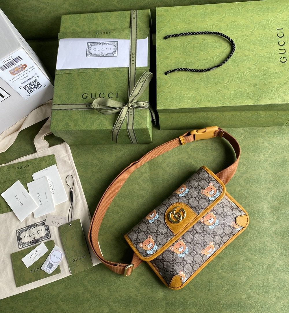 1:1 Replica Gucci Ophidia Belt Bag Beige And Orange GG Supreme Canvas For Women  8.7in/22cm GG  ‎