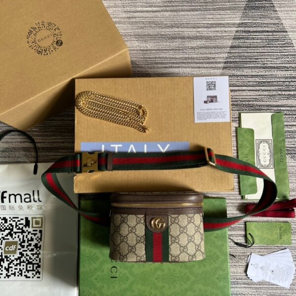 1:1 Replica Gucci Ophidia Belt Bag With Web Beige/Ebony Soft GG Supreme Canvas  For Men 7.1in/18cm GG 699765 96IWG 8745