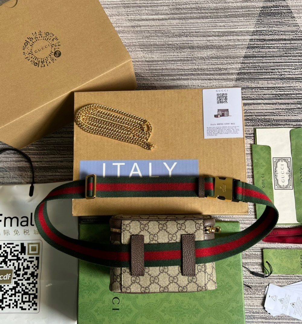 1:1 Replica Gucci Ophidia Belt Bag With Web Beige/Ebony Soft GG Supreme Canvas  For Men 7.1in/18cm GG 699765 96IWG 8745