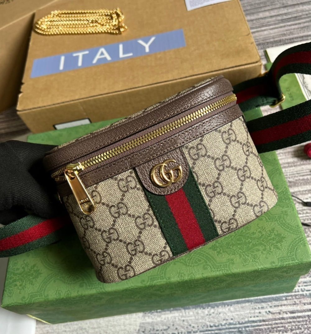 1:1 Replica Gucci Ophidia Belt Bag With Web Beige/Ebony Soft GG Supreme Canvas  For Men 7.1in/18cm GG 699765 96IWG 8745
