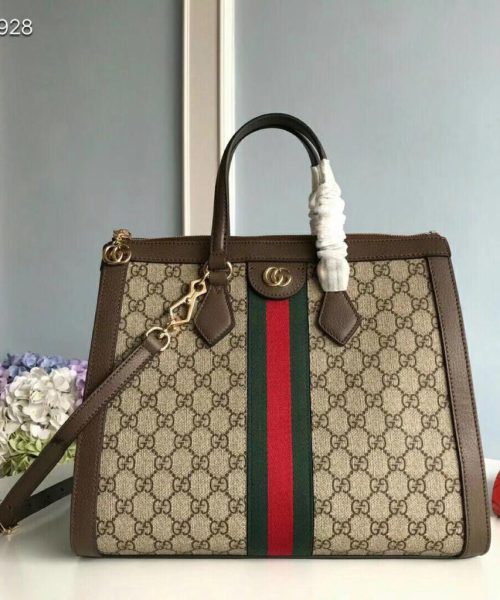 1:1 Replica Gucci Ophidia GG Medium Tote Bag Beige/Ebony GG Supreme Canvas With Brown For Women 13in/33cm GG 524537 K05NB 8745