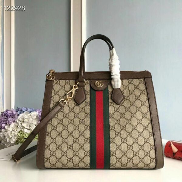 1:1 Replica Gucci Ophidia GG Medium Tote Bag Beige/Ebony GG Supreme Canvas With Brown For Women 13in/33cm GG 524537 K05NB 8745