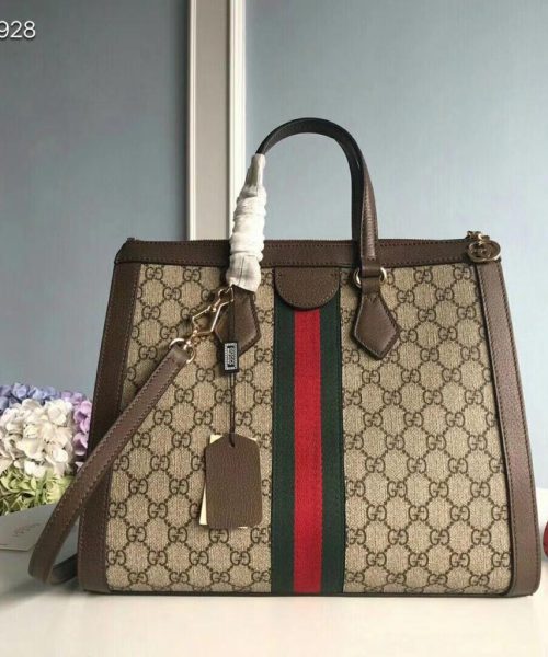 1:1 Replica Gucci Ophidia GG Medium Tote Bag Beige/Ebony GG Supreme Canvas With Brown For Women 13in/33cm GG 524537 K05NB 8745