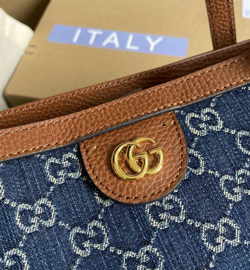 1:1 Replica Gucci Ophidia GG Medium Tote Dark Blue And Ivory Eco Washed Organic GG Jacquard Denim  For Women 15in/38cm GG ‎631685 2KQGG 8375