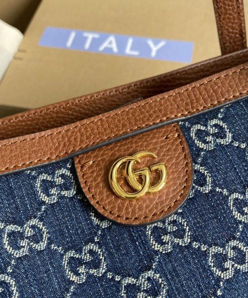 1:1 Replica Gucci Ophidia GG Medium Tote Dark Blue And Ivory Eco Washed Organic GG Jacquard Denim  For Women 15in/38cm GG ‎631685 2KQGG 8375