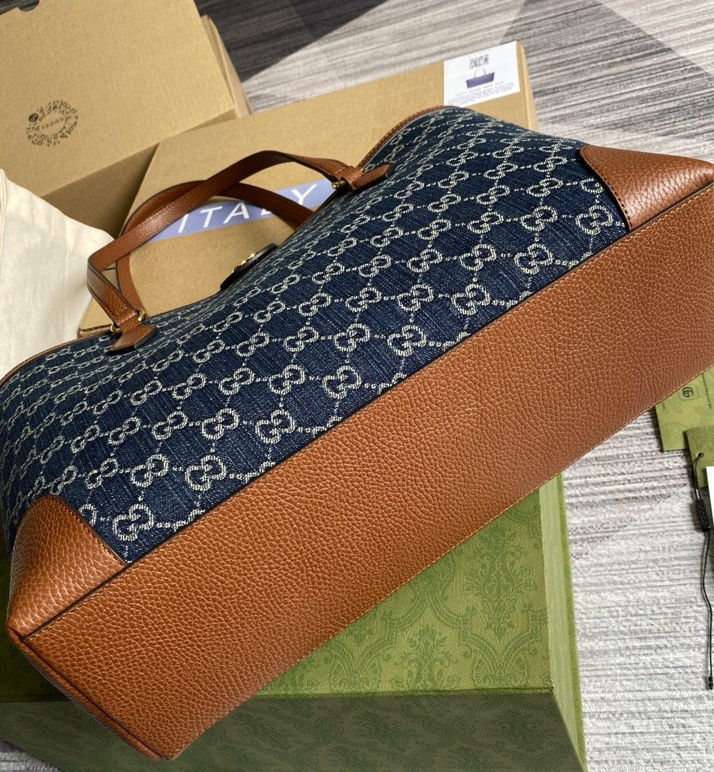 1:1 Replica Gucci Ophidia GG Medium Tote Dark Blue And Ivory Eco Washed Organic GG Jacquard Denim  For Women 15in/38cm GG ‎631685 2KQGG 8375