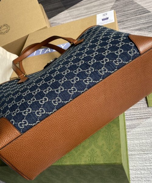 1:1 Replica Gucci Ophidia GG Medium Tote Dark Blue And Ivory Eco Washed Organic GG Jacquard Denim  For Women 15in/38cm GG ‎631685 2KQGG 8375