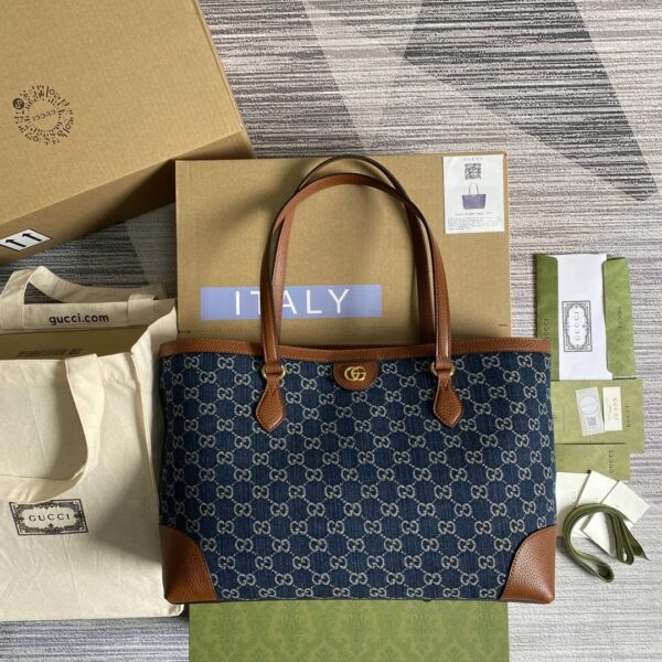 1:1 Replica Gucci Ophidia GG Medium Tote Dark Blue And Ivory Eco Washed Organic GG Jacquard Denim  For Women 15in/38cm GG ‎631685 2KQGG 8375