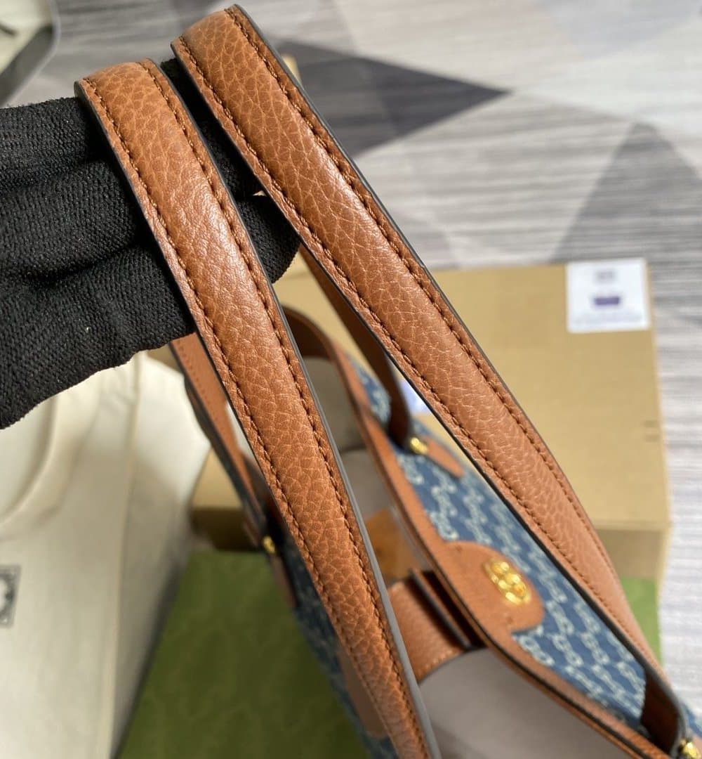 1:1 Replica Gucci Ophidia GG Medium Tote Dark Blue And Ivory Eco Washed Organic GG Jacquard Denim  For Women 15in/38cm GG ‎631685 2KQGG 8375