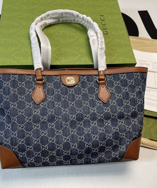 1:1 Replica Gucci Ophidia GG Medium Tote Dark Blue And Ivory Eco Washed Organic GG Jacquard Denim  For Women 15in/38cm GG ‎631685 2KQGG 8375
