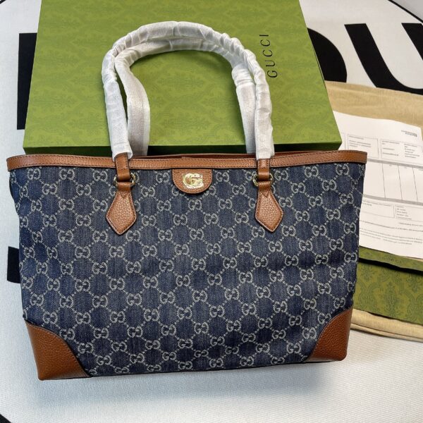 1:1 Replica Gucci Ophidia GG Medium Tote Dark Blue And Ivory Eco Washed Organic GG Jacquard Denim  For Women 15in/38cm GG ‎631685 2KQGG 8375