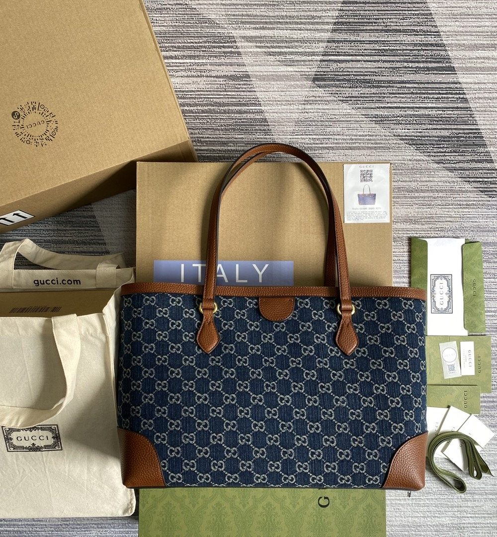 1:1 Replica Gucci Ophidia GG Medium Tote Dark Blue And Ivory Eco Washed Organic GG Jacquard Denim  For Women 15in/38cm GG ‎631685 2KQGG 8375