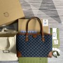 1:1 Replica Gucci Ophidia GG Medium Tote Dark Blue And Ivory Eco Washed Organic GG Jacquard Denim  For Women 15in/38cm GG ‎631685 2KQGG 8375
